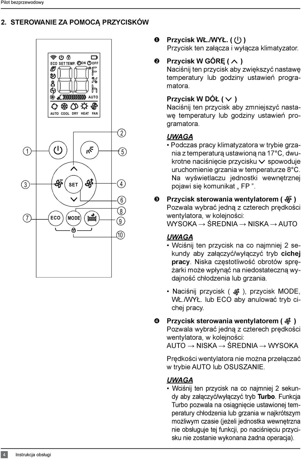 3 1 AUTO AUTO COOL DRY HEAT FAN SET 2 5 4 Przycisk W DÓŁ ( ) Naciśnij ten przycisk aby zmniejszyć nastawę temperatury lub godziny ustawień programatora.