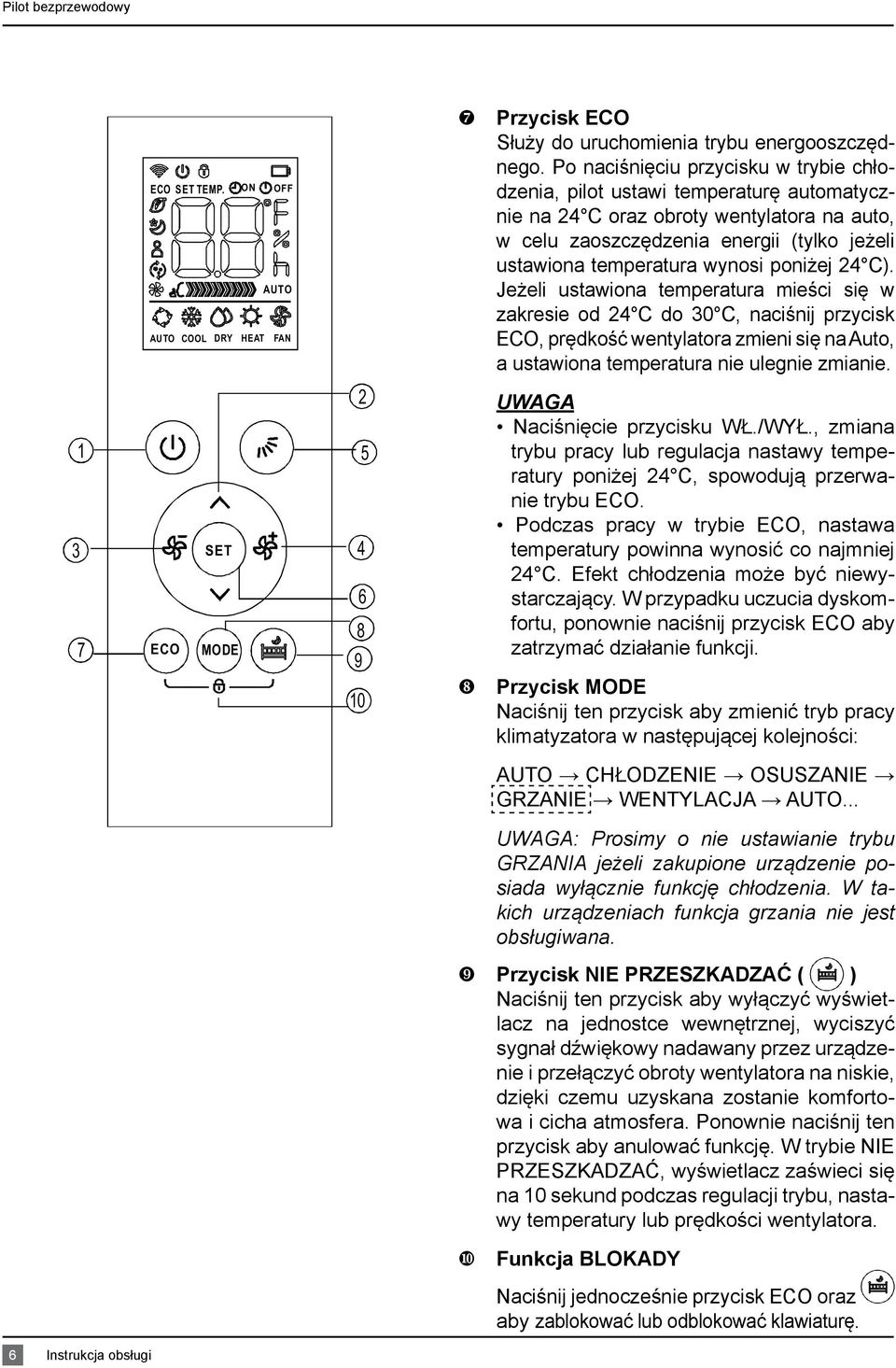 poniżej 24 C). Jeżeli ustawiona temperatura mieści się w zakresie od 24 C do 30 C, naciśnij przycisk ECO, prędkość wentylatora zmieni się na Auto, a ustawiona temperatura nie ulegnie zmianie.