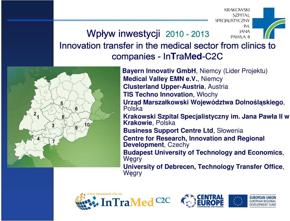 , Niemcy Clusterland Upper-Austria, Austria TIS Techno Innovation, Włochy Urząd Marszałkowski Województwa Dolnośląskiego, Polska Krakowski Szpital