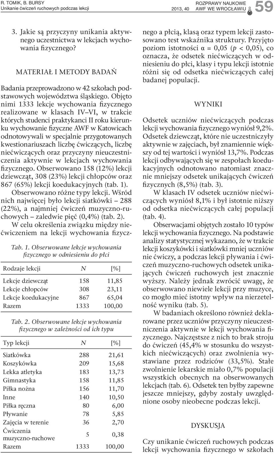 ,11 Lekcje koedukacyjne 867 65,04 Razem 1333 100,00 Tab. 2.