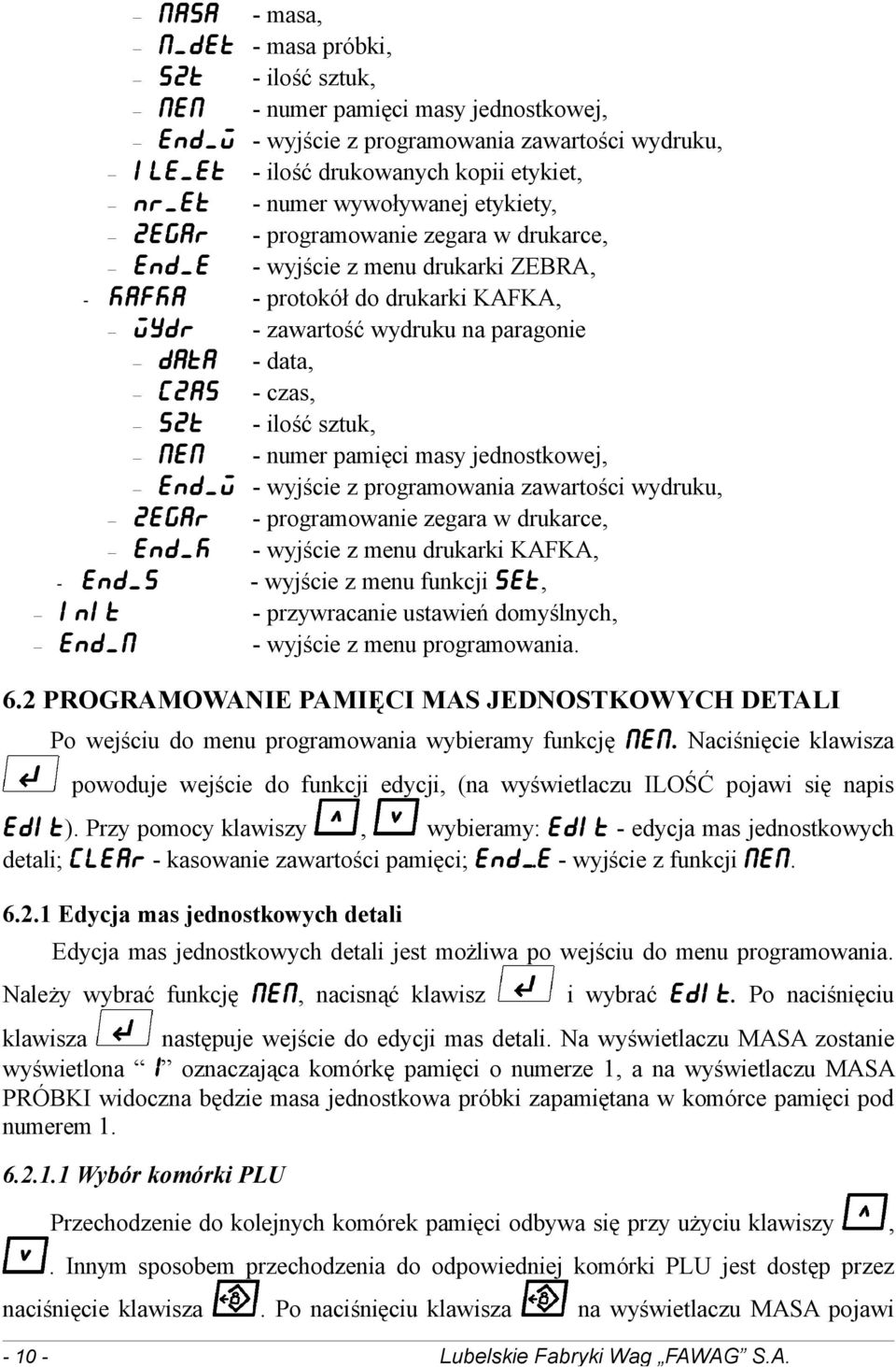 czas, SZT - ilość sztuk, MEM - numer pamięci masy jednostkowej, END_W - wyjście z programowania zawartości wydruku, ZEGAR - programowanie zegara w drukarce, END_K - wyjście z menu drukarki KAFKA,