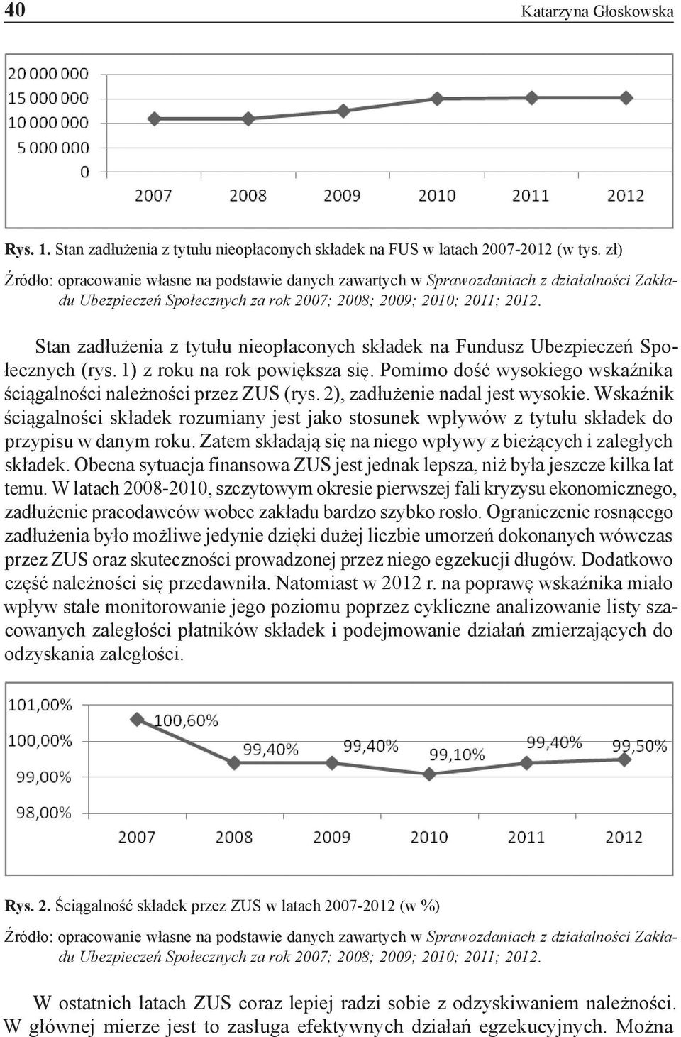 Stan zadłużenia z tytułu nieopłaconych składek na Fundusz Ubezpieczeń Społecznych (rys. 1) z roku na rok powiększa się. Pomimo dość wysokiego wskaźnika ściągalności należności przez ZUS (rys.