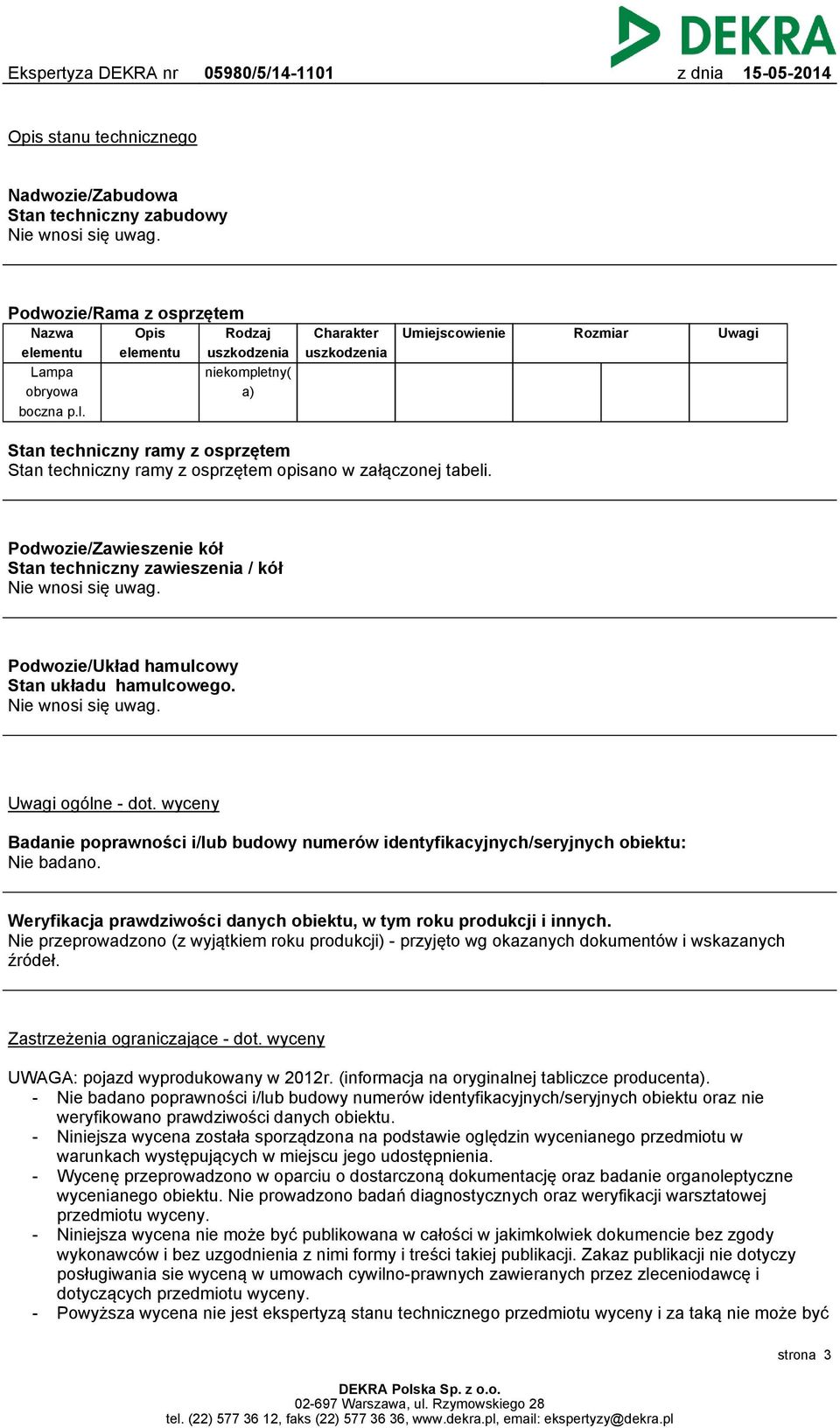 Opis elementu Rodzaj uszkodzenia niekompletny( a) Charakter uszkodzenia Umiejscowienie Rozmiar Uwagi Stan techniczny ramy z osprzętem Stan techniczny ramy z osprzętem opisano w załączonej tabeli.