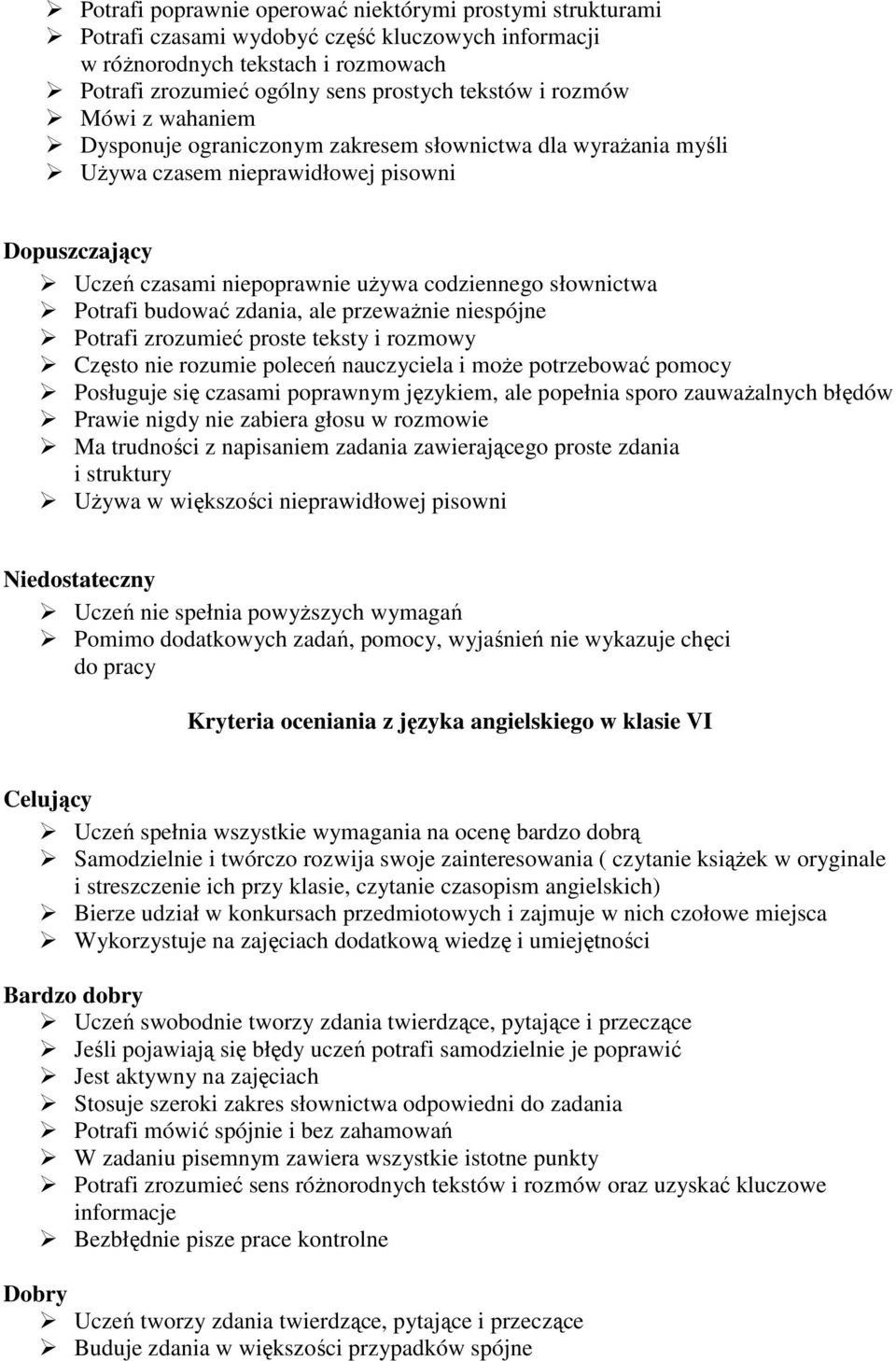 zdania, ale przewaŝnie niespójne Potrafi zrozumieć proste teksty i rozmowy Często nie rozumie poleceń nauczyciela i moŝe potrzebować pomocy Posługuje się czasami poprawnym językiem, ale popełnia