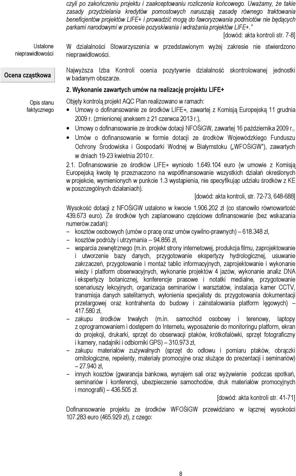 narodowymi w procesie pozyskiwania i wdrażania projektów LIFE+. [dowód: akta kontroli str. 7-8] W działalności Stowarzyszenia w przedstawionym wyżej zakresie nie stwierdzono nieprawidłowości.