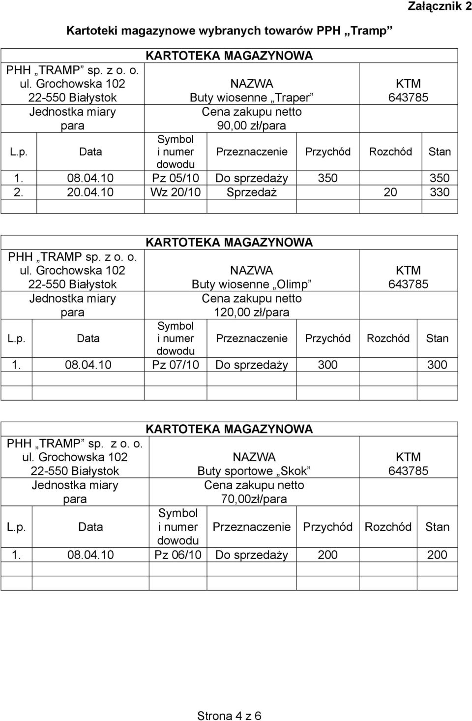 08.04.10 Pz 05/10 Do sprzedaży 350 350 2. 20.04.10 Wz 20/10 Sprzedaż 20 330 PHH TRAMP sp. z o. o. ul. Grochowska 102 Jednostka miary para L.p. Data KARTOTEKA MAGAZYNOWA NAZWA Buty wiosenne Olimp Cena zakupu netto 120,00 zł/para Symbol i numer dowodu KTM 643785 Przeznaczenie Przychód Rozchód Stan 1.
