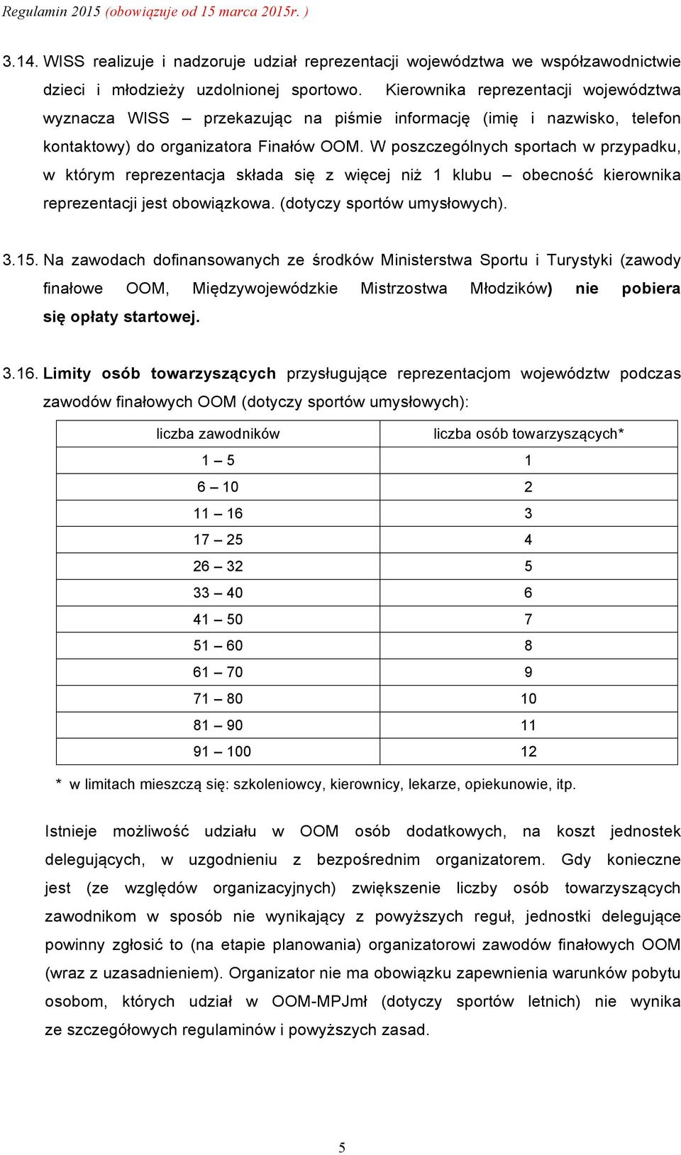 W poszczególnych sportach w przypadku, w którym reprezentacja składa się z więcej niż 1 klubu obecność kierownika reprezentacji jest obowiązkowa. (dotyczy sportów umysłowych). 3.15.