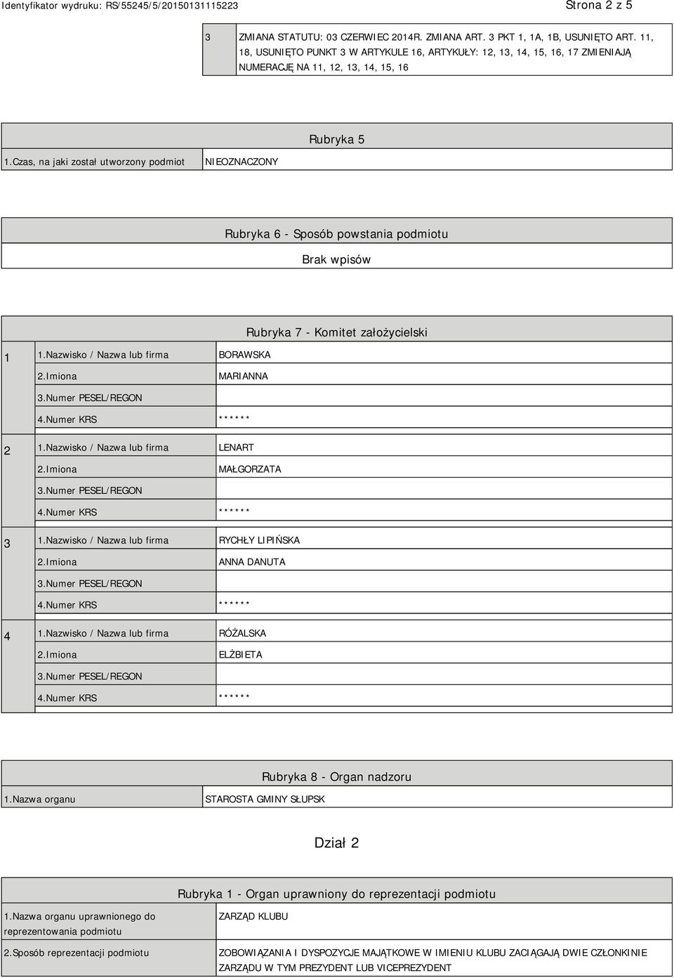 Czas, na jaki został utworzony podmiot NIEOZNACZONY Rubryka 6 - Sposób powstania podmiotu 1 1.Nazwisko / Nazwa lub firma BORAWSKA Rubryka 7 - Komitet założycielski MARIANNA 2 1.