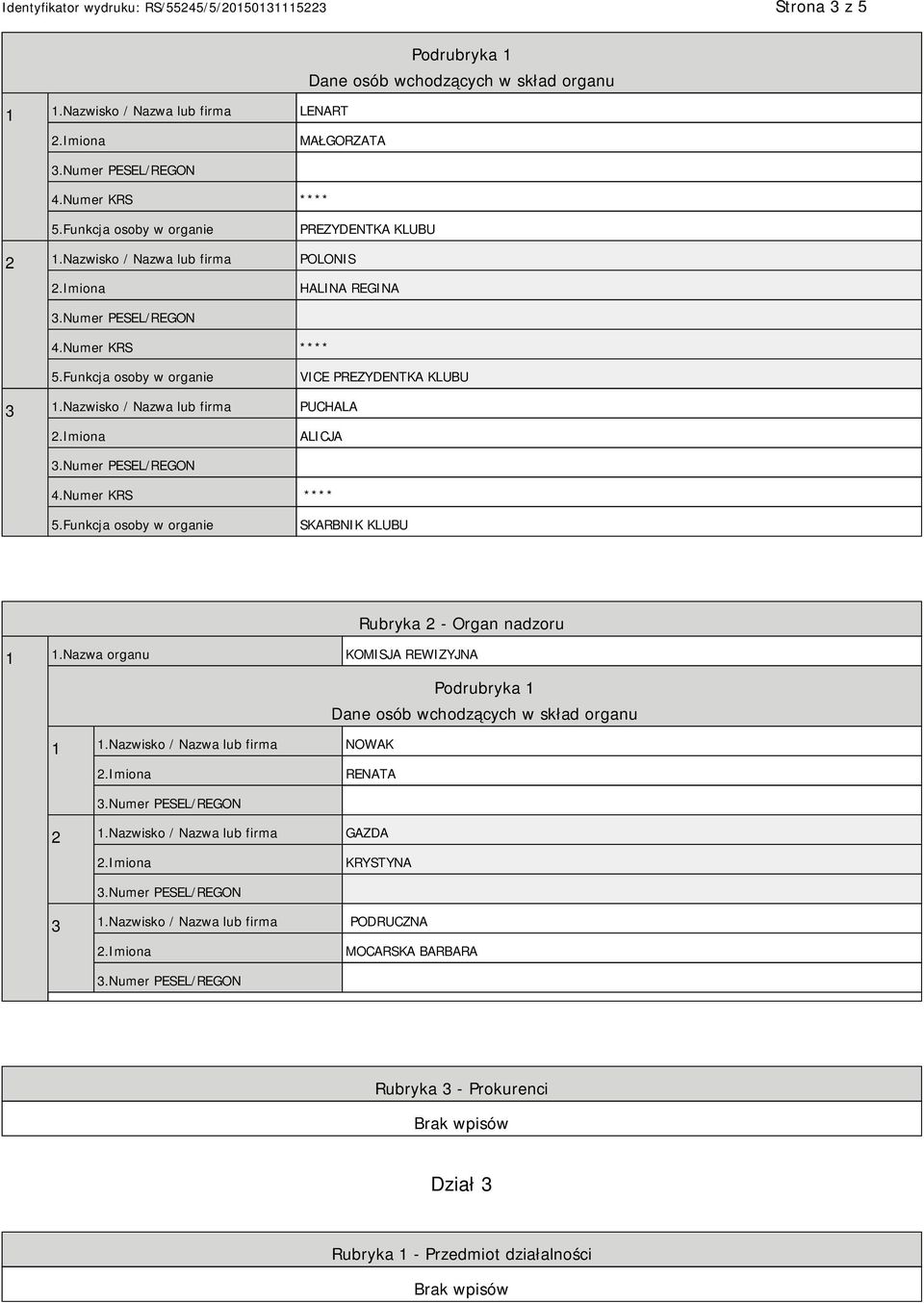 Nazwisko / Nazwa lub firma VICE PREZYDENTKA KLUBU PUCHALA ALICJA SKARBNIK KLUBU Rubryka 2 - Organ nadzoru 1 1.
