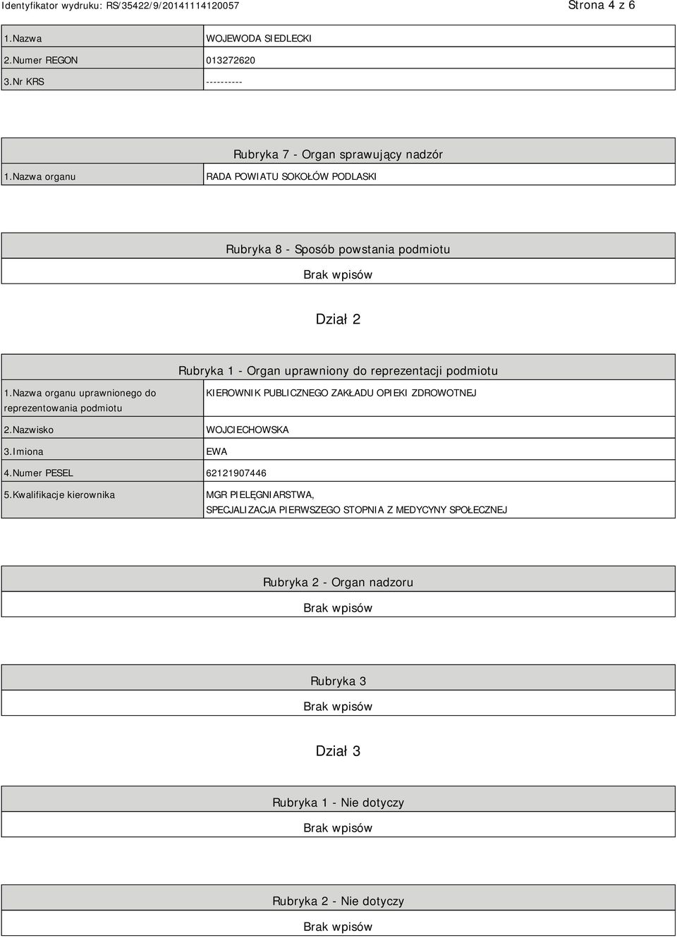 Nazwa organu uprawnionego do reprezentowania podmiotu 2.Nazwisko 3.Imiona KIEROWNIK PUBLICZNEGO ZAKŁADU OPIEKI ZDROWOTNEJ WOJCIECHOWSKA EWA 4.