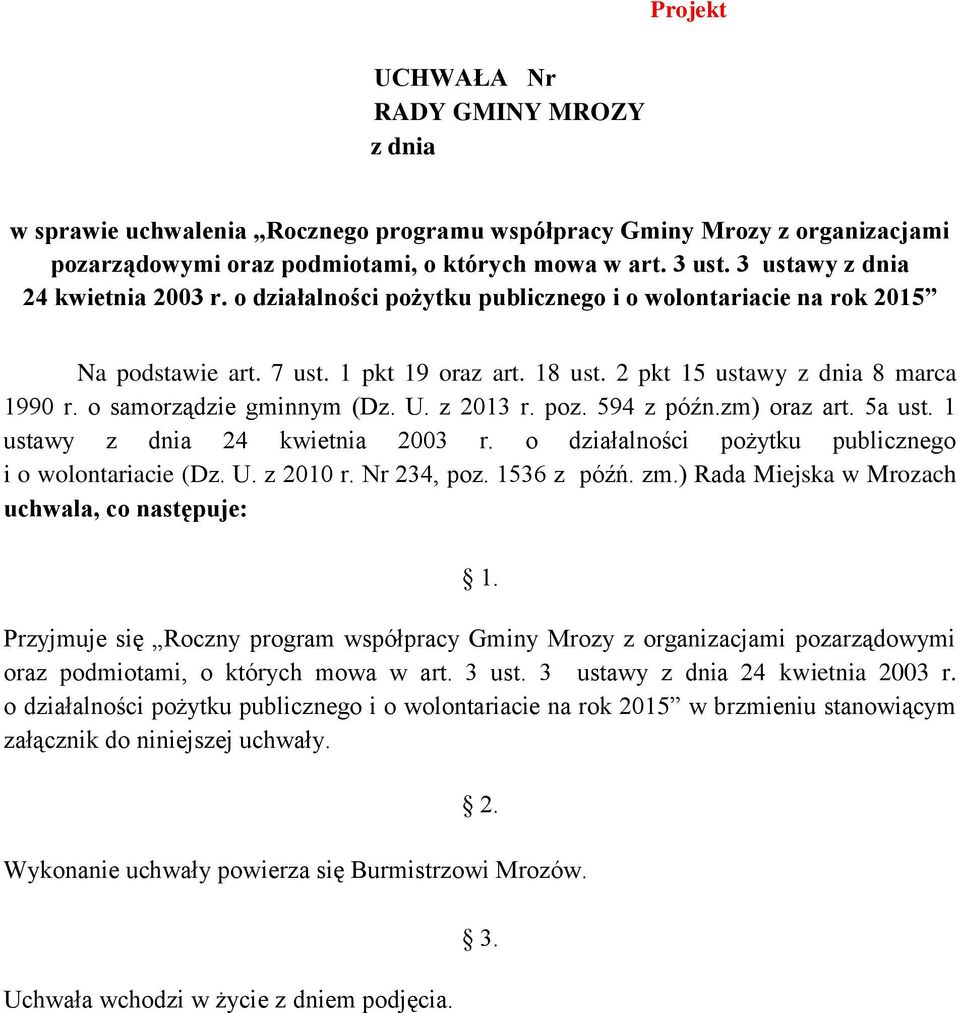 o samorządzie gminnym (Dz. U. z 2013 r. poz. 594 z późn.zm) oraz art. 5a ust. 1 ustawy z dnia 24 kwietnia 2003 r. o działalności pożytku publicznego i o wolontariacie (Dz. U. z 2010 r. Nr 234, poz.