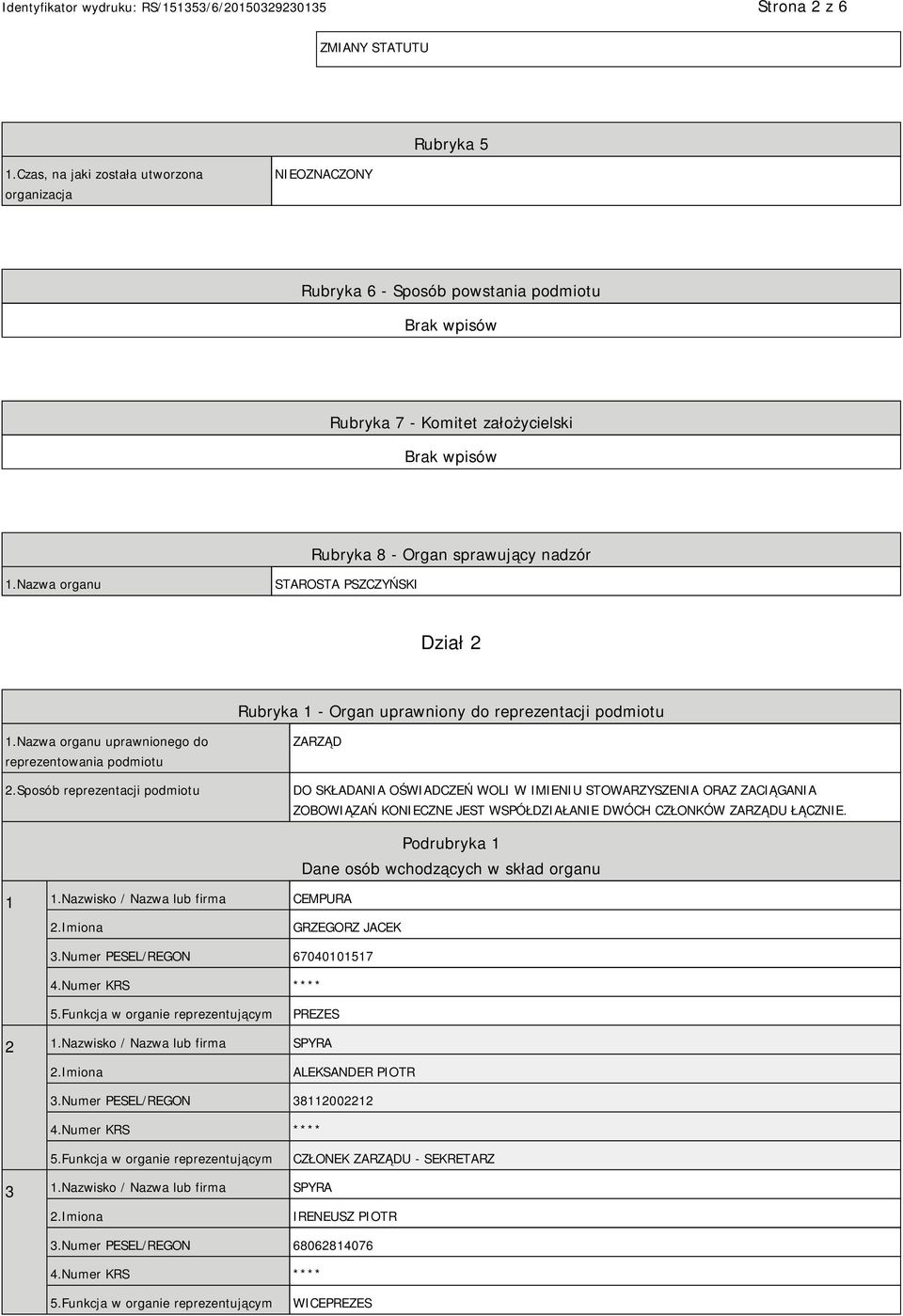 Nazwa organu STAROSTA PSZCZYŃSKI Dział 2 Rubryka 1 - Organ uprawniony do reprezentacji podmiotu 1.Nazwa organu uprawnionego do reprezentowania podmiotu 2.
