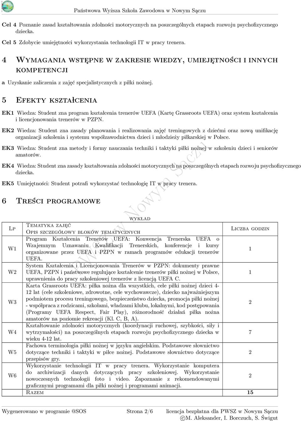 Efekty kszta lcenia EK1 Wiedza: Student zna program kszta lcenia trenerów UEFA (Kartę Grassroots UEFA) oraz system kszta lcenia i licencjonowania trenerów w PZPN.