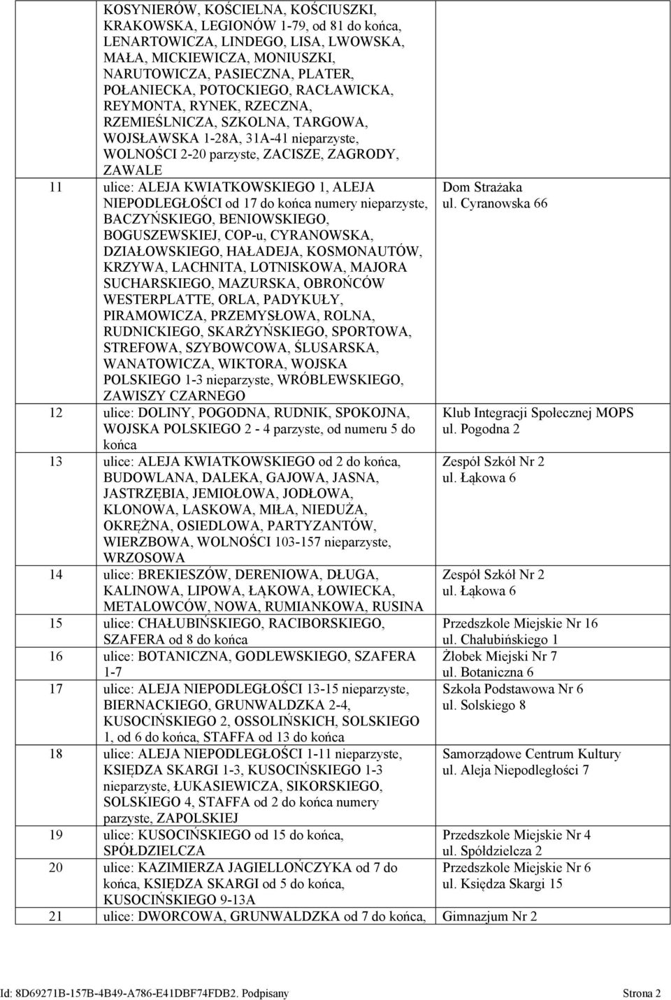 KWIATKOWSKIEGO 1, ALEJA NIEPODLEGŁOŚCI od 17 do końca numery nieparzyste, BACZYŃSKIEGO, BENIOWSKIEGO, BOGUSZEWSKIEJ, COP-u, CYRANOWSKA, DZIAŁOWSKIEGO, HAŁADEJA, KOSMONAUTÓW, KRZYWA, LACHNITA,