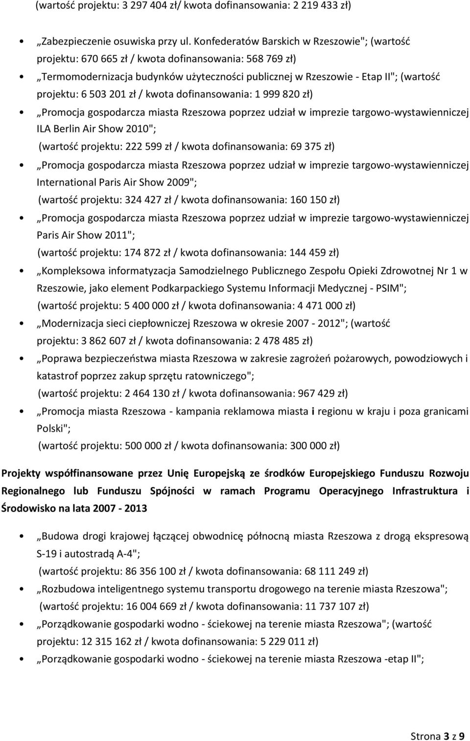 503 201 zł / kwota dofinansowania: 1 999 820 zł) Promocja gospodarcza miasta Rzeszowa poprzez udział w imprezie targowo-wystawienniczej ILA Berlin Air Show 2010"; (wartość projektu: 222 599 zł /