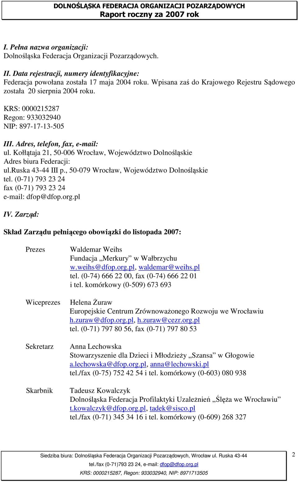 Kołłątaja 21, 50-006 Wrocław, Województwo Dolnośląskie Adres biura Federacji: ul.ruska 43-44 III p., 50-079 Wrocław, Województwo Dolnośląskie tel.