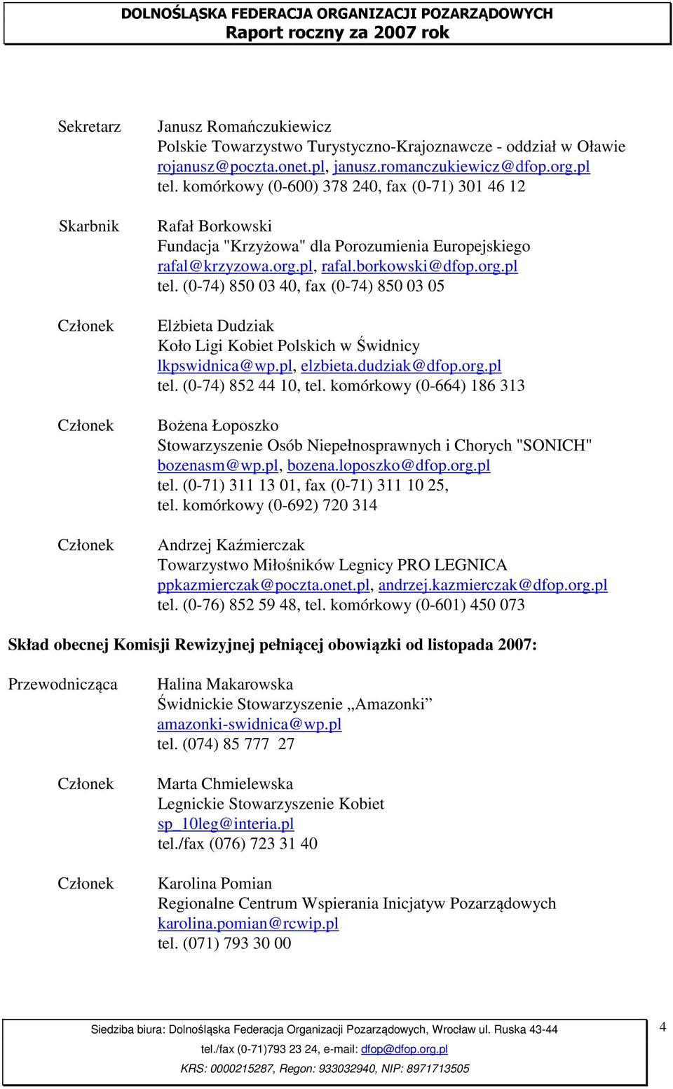 (0-74) 850 03 40, fax (0-74) 850 03 05 Elżbieta Dudziak Koło Ligi Kobiet Polskich w Świdnicy lkpswidnica@wp.pl, elzbieta.dudziak@dfop.org.pl tel. (0-74) 852 44 10, tel.