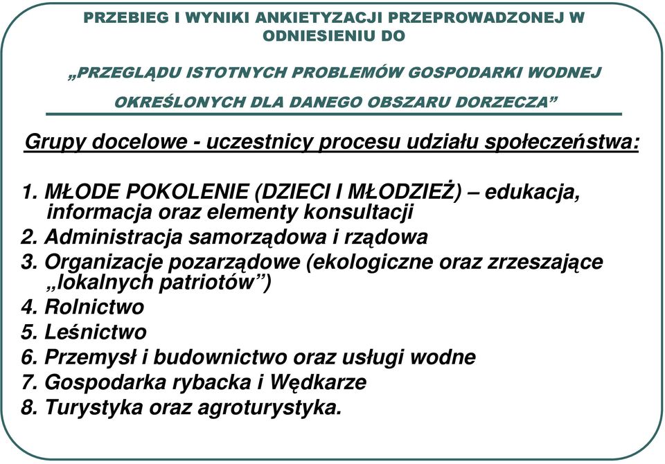 MŁODE POKOLENIE (DZIECI I MŁODZIEś) edukacja, informacja oraz elementy konsultacji 2. Administracja samorządowa i rządowa 3.