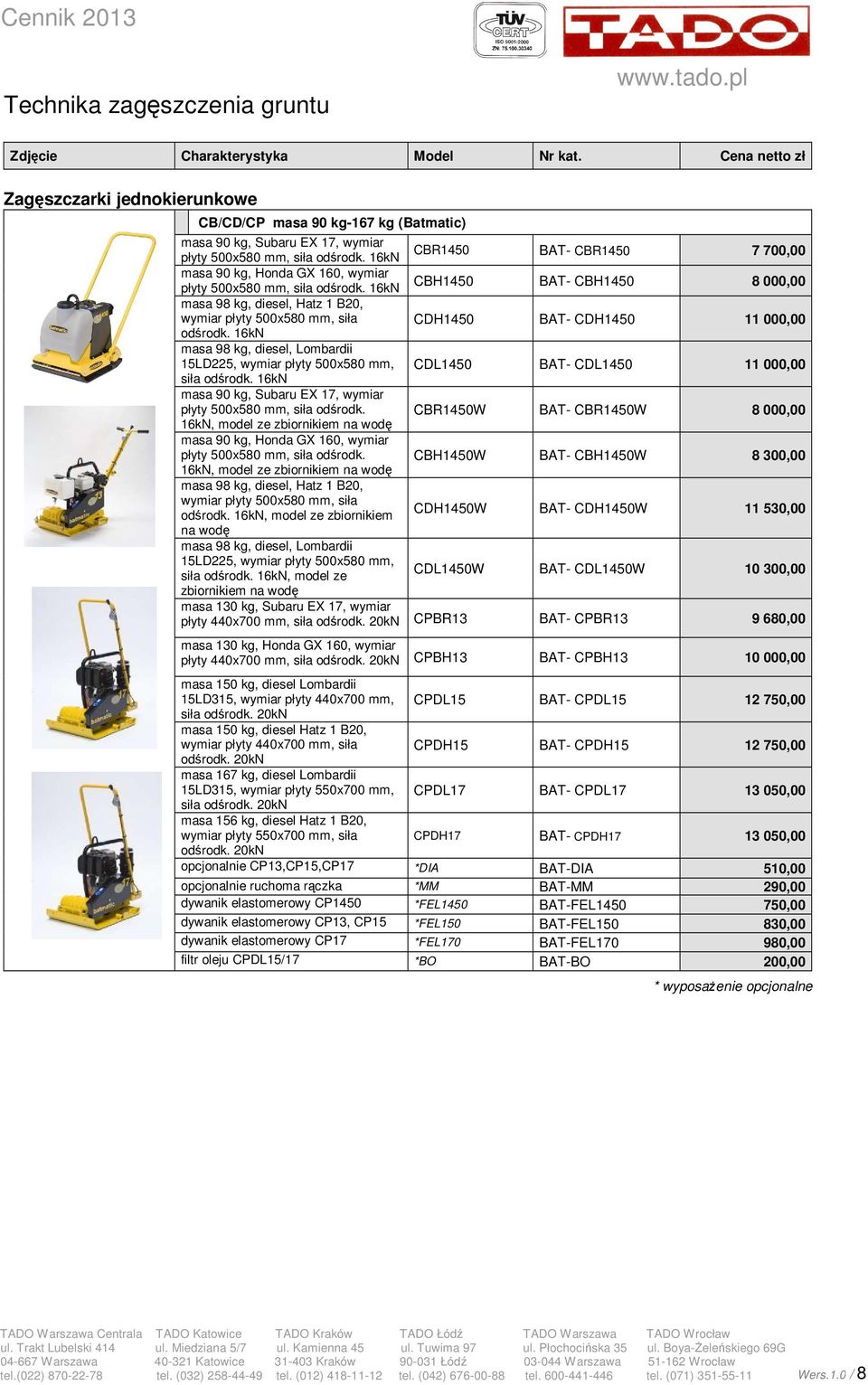 16kN CBR1450 BAT- CBR1450 7 700,00 masa 90 kg, Honda GX 160, wymiar płyty 500x580 mm, siła odśrodk.