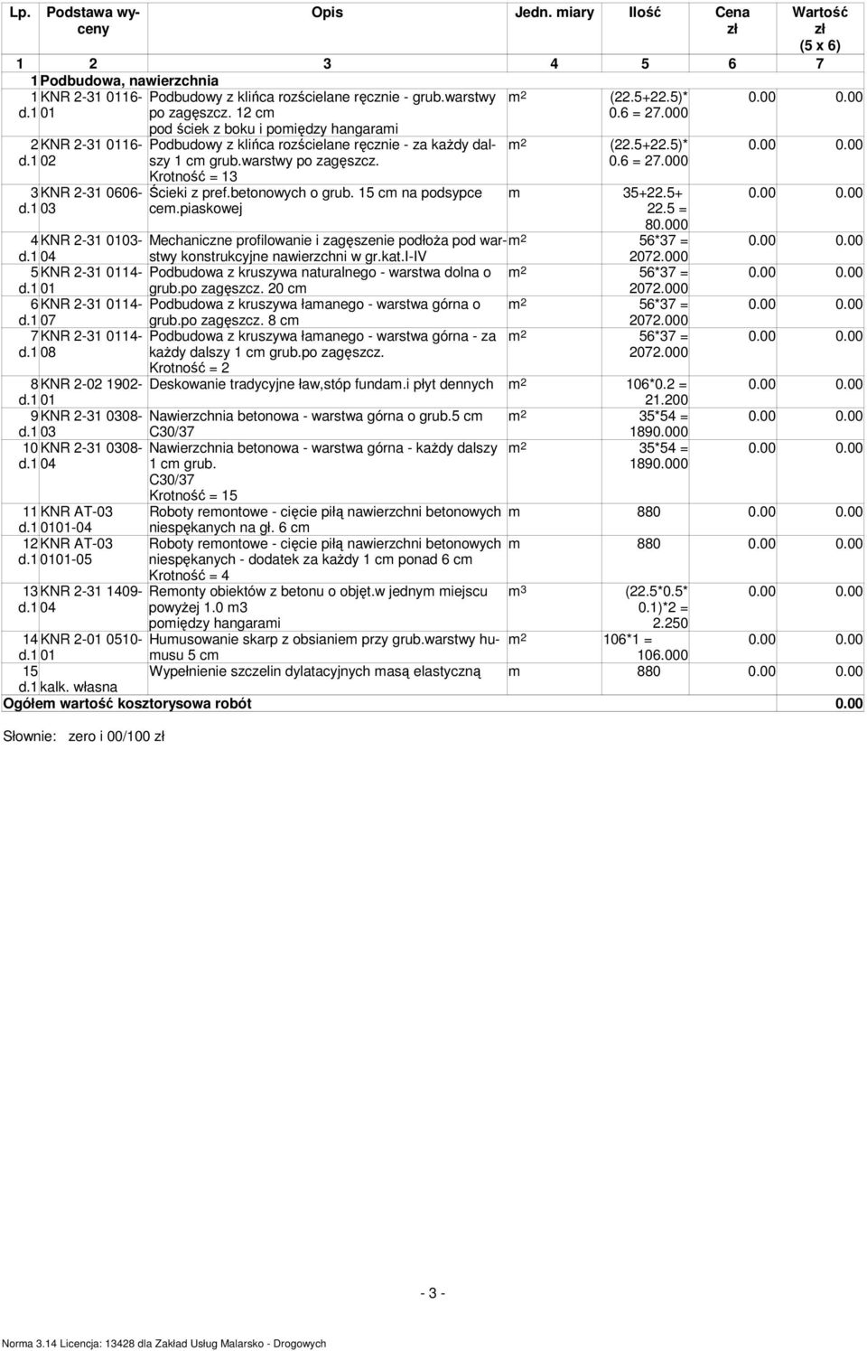 warstwy po zagęszcz. Krotność = 13 0.6 = 27.000 3KNR 2-31 0606- Ścieki z pref.betonowych o grub. 15 cm na podsypce m 35+22.5+ 0.00 0.00 d.1 03 cem.piaskowej 22.5 = 80.