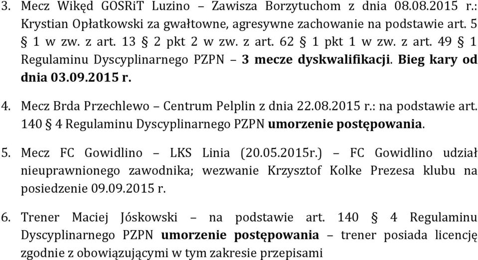 140 4 Regulaminu Dyscyplinarnego PZPN umorzenie postępowania. 5. Mecz FC Gowidlino LKS Linia (20.05.2015r.