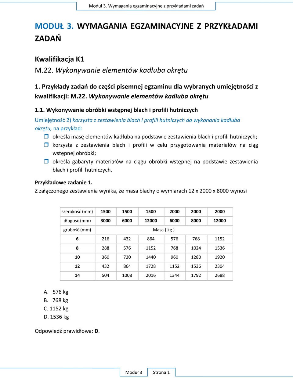 1. Wykonywanie obróbki wstępnej blach i profili hutniczych Umiejętność 2) korzysta z zestawienia blach i profili hutniczych do wykonania kadłuba okrętu, na przykład: określa masę elementów kadłuba na