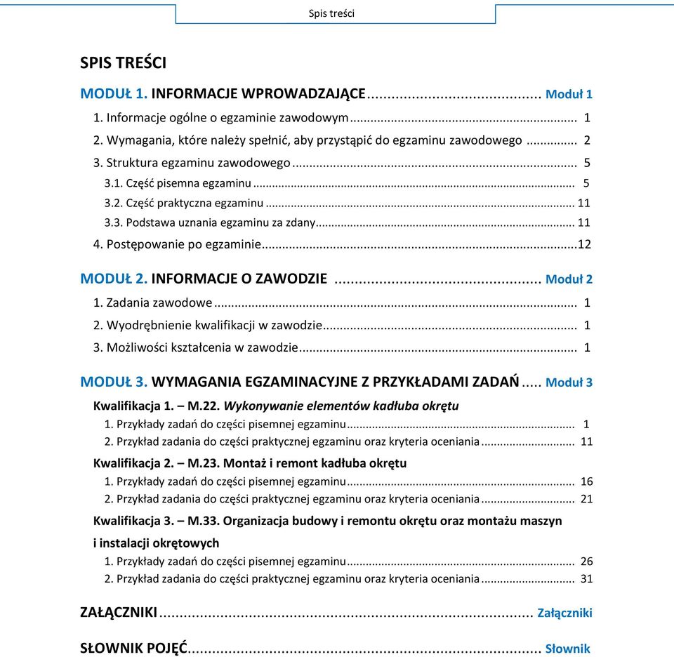 INFORMACJE O ZAWODZIE... Moduł 2 1. Zadania zawodowe... 1 2. Wyodrębnienie kwalifikacji w zawodzie... 1 3. Możliwości kształcenia w zawodzie... 1 MODUŁ 3. WYMAGANIA EGZAMINACYJNE Z PRZYKŁADAMI ZADAŃ.