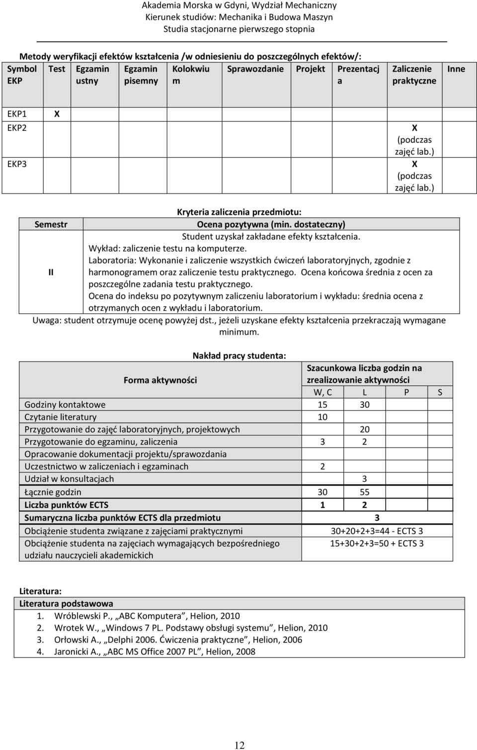 Wykład: zaliczenie testu na komputerze. Laboratoria: Wykonanie i zaliczenie wszystkich ćwiczeń laboratoryjnych, zgodnie z II harmonogramem oraz zaliczenie testu praktycznego.