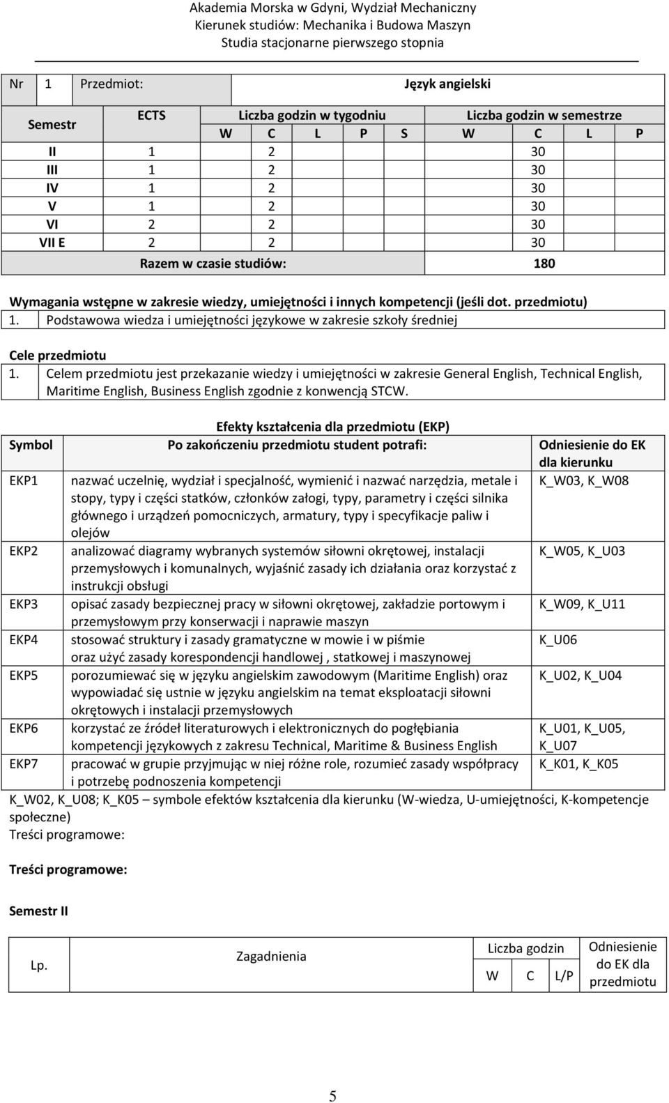 Celem przedmiotu jest przekazanie wiedzy i umiejętności w zakresie General English, Technical English, Maritime English, Business English zgodnie z konwencją STCW.