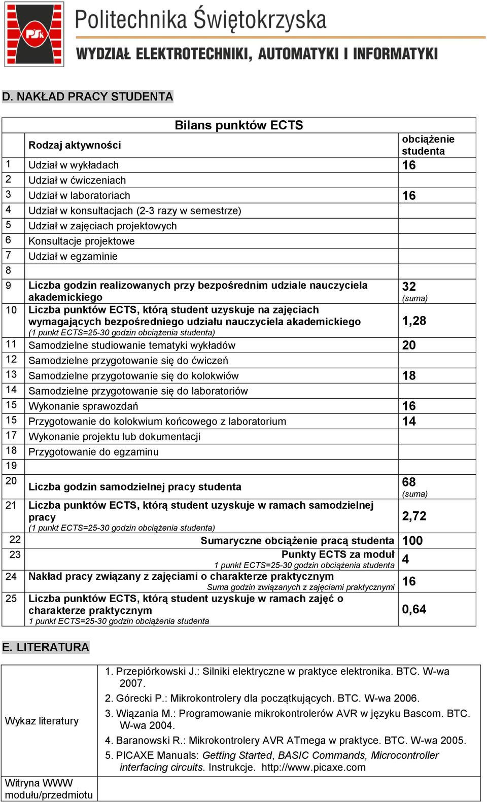 punktów ECTS, którą student uzyskuje na zajęciach wymagających bezpośredniego udziału nauczyciela akademickiego (1 punkt ECTS=25-30 godzin obciążenia studenta) 1,28 11 Samodzielne studiowanie