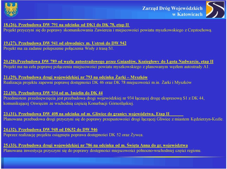 Przebudowa DW 789 od węzła autostradowego przez Gniazdów, Koziegłowy do Lgota Nadwarcie, etap II Projekt ma na celu poprawę połączenia miejscowości powiatu myszkowskiego z planowanym węzłem