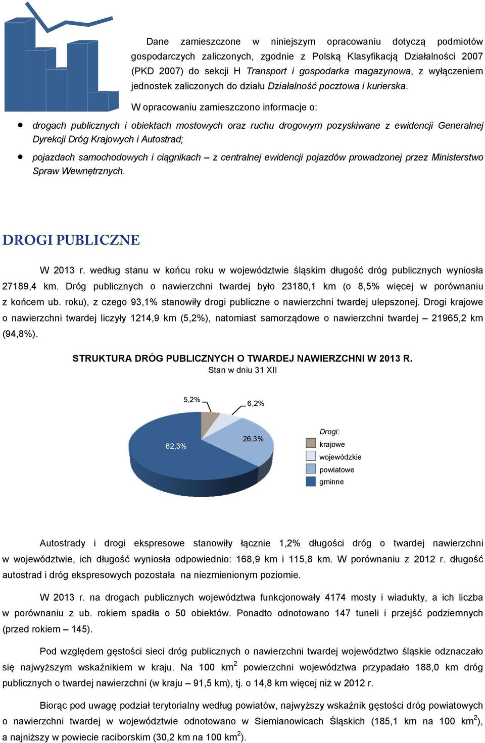 W opracowaniu zamieszczono informacje o: drogach publicznych i obiektach mostowych oraz ruchu drogowym pozyskiwane z ewidencji Generalnej Dyrekcji Dróg Krajowych i Autostrad; pojazdach samochodowych