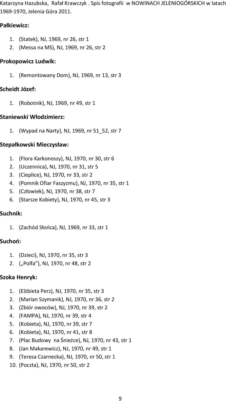(Uczennica), NJ, 1970, nr 31, str 5 3. (Cieplice), NJ, 1970, nr 33, str 2 4. (Pomnik Ofiar Faszyzmu), NJ, 1970, nr 35, str 1 5. (Człowiek), NJ, 1970, nr 38, str 7 6.