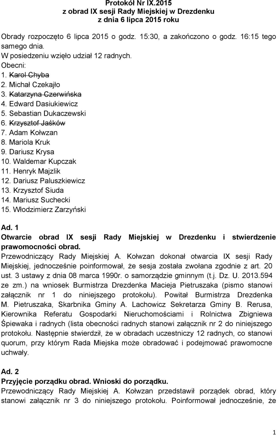 Mariola Kruk 9. Dariusz Krysa 10. Waldemar Kupczak 11. Henryk Majzlik 12. Dariusz Paluszkiewicz 13. Krzysztof Siuda 14. Mariusz Suchecki 15. Włodzimierz Zarzyński Ad.
