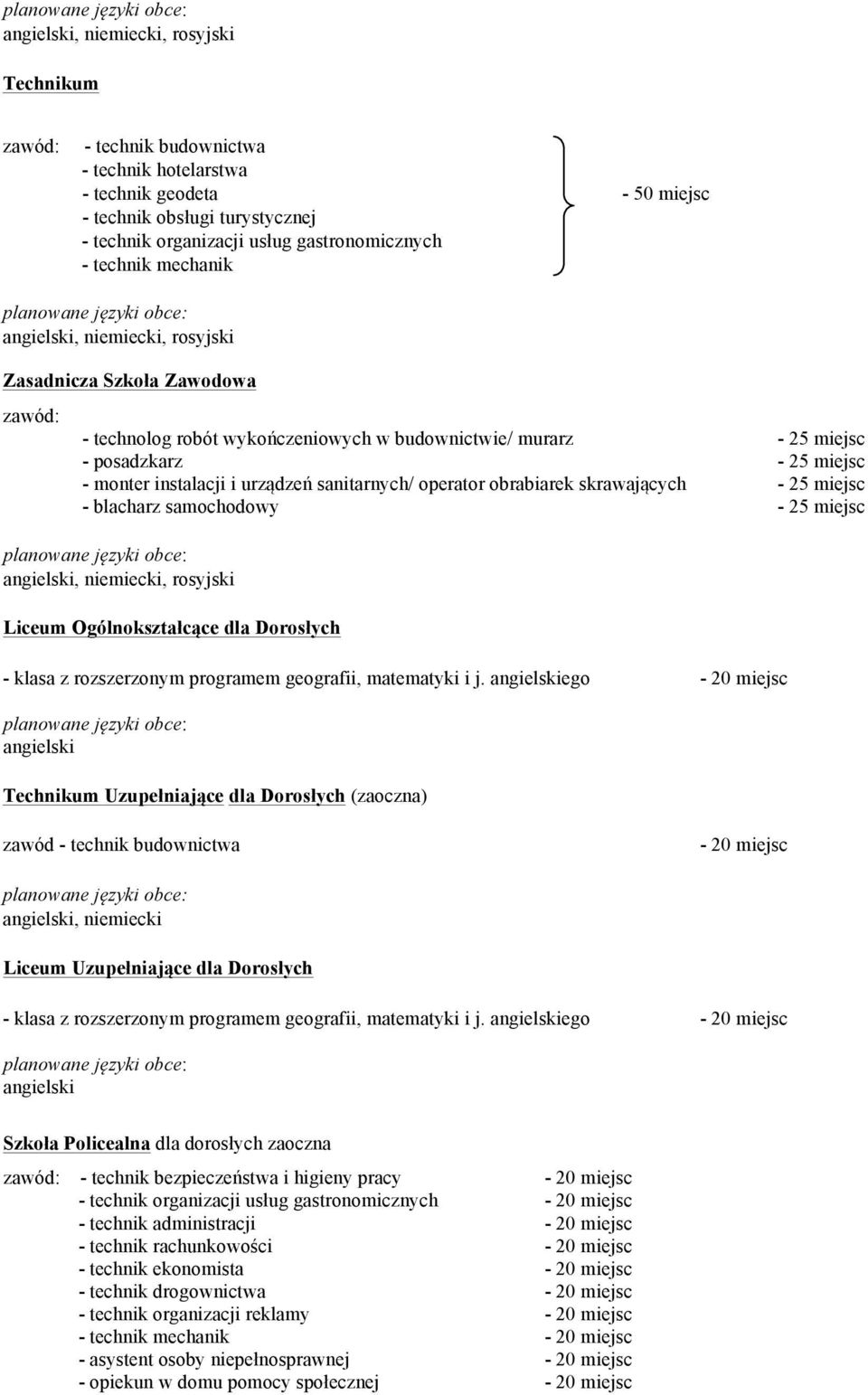 miejsc dla Dorosłych - klasa z rozszerzonym programem geografii, matematyki i j.