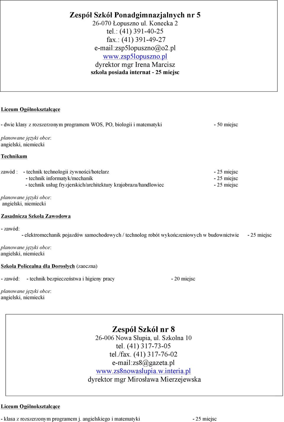 pl dyrektor mgr Irena Marcisz szkoła posiada internat - 25 miejsc - dwie klasy z rozszerzonym programem WOS, PO, biologii i matematyki - 50 miejsc, niemiecki zawód : - technik technologii