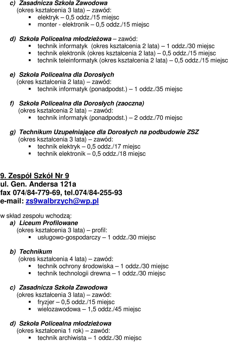 /15 miejsc e) Szkoła Policealna dla Dorosłych technik informatyk (ponadpodst.) 1 oddz./35 miejsc f) Szkoła Policealna dla Dorosłych (zaoczna) technik informatyk (ponadpodst.) 2 oddz.