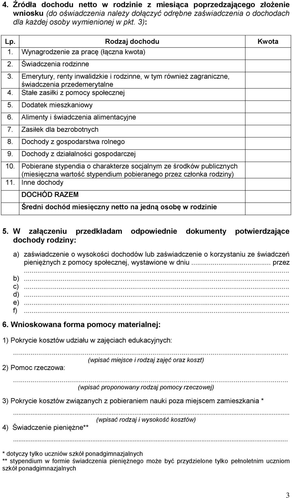 Stałe zasiłki z pomocy społecznej 5. Dodatek mieszkaniowy 6. Alimenty i świadczenia alimentacyjne 7. Zasiłek dla bezrobotnych 8. Dochody z gospodarstwa rolnego 9.