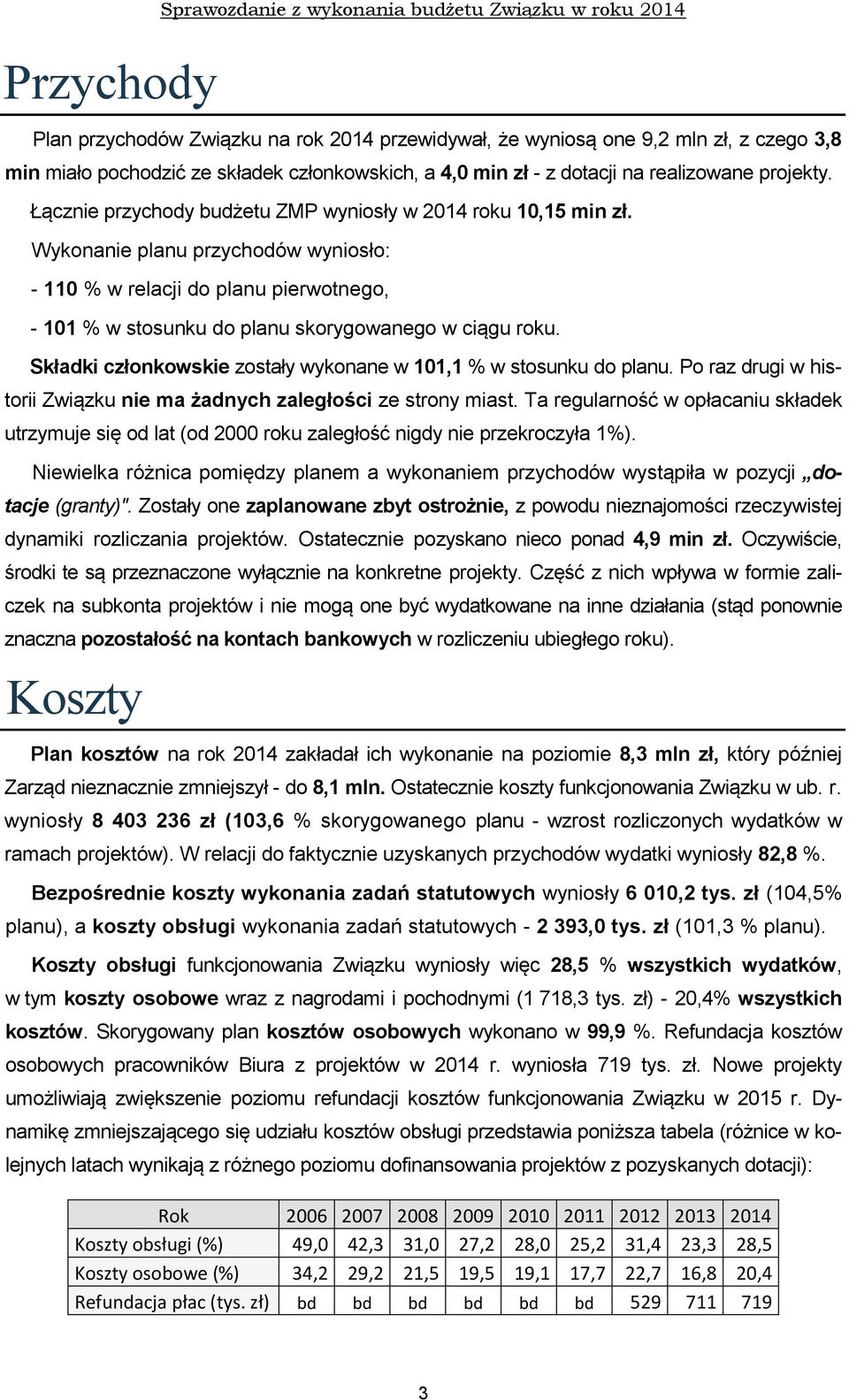 Wykonanie planu przychodów wyniosło: - 110 % w relacji do planu pierwotnego, - 101 % w stosunku do planu skorygowanego w ciągu roku.