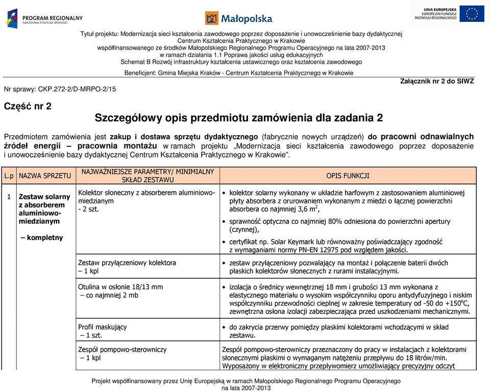 Operacyjnego Załącznik nr 2 do SIWZ Część nr 2 Szczegółowy opis przedmiotu zamówienia dla zadania 2 Przedmiotem zamówienia jest zakup i dostawa sprzętu dydaktycznego (fabrycznie nowych urządzeń) do