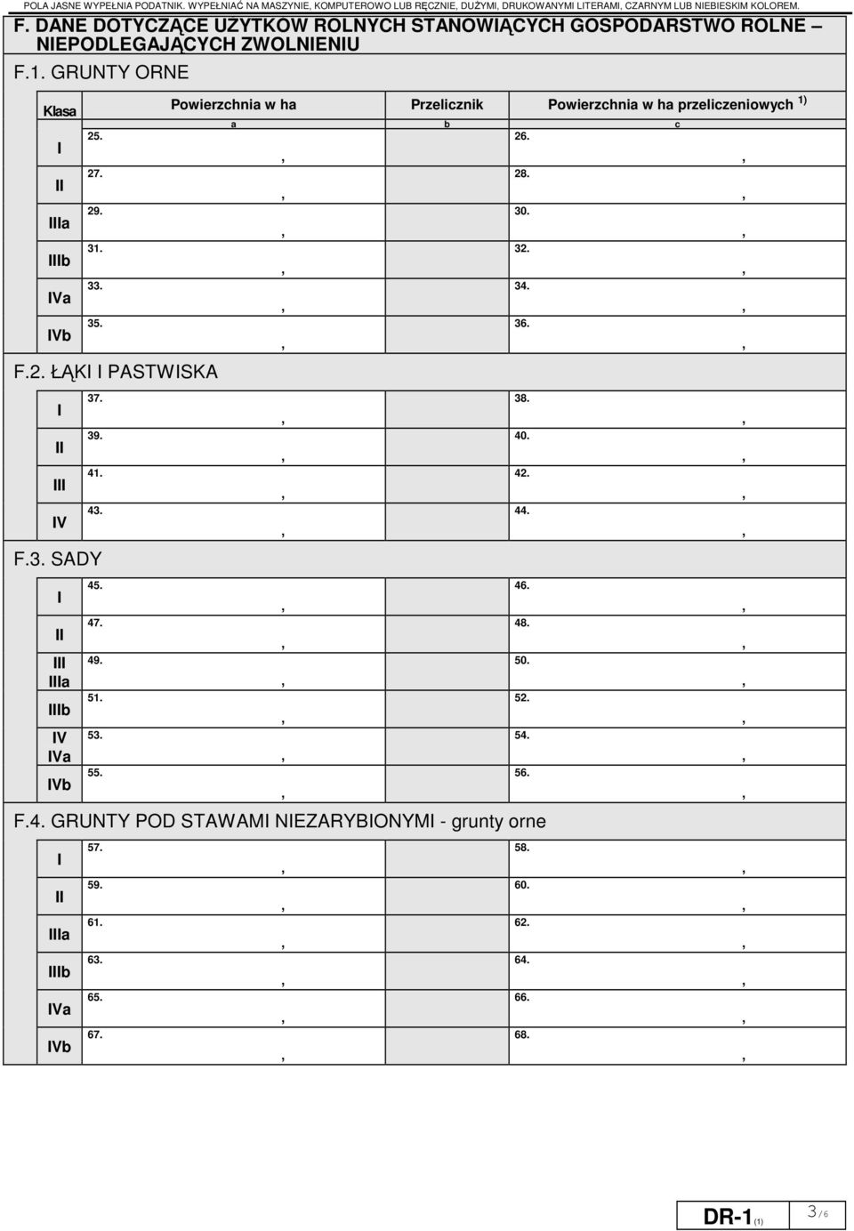 39. 41. 43. F.3. SADY a b V Va Vb 45. 47. 49. 51. 53. 55. Powierzchnia w ha Przelicznik Powierzchnia w ha przeliczeniowych 1) a b c 26. F.4. GRUNTY POD STAWAM NEZARYBONYM - unty orne a b Va Vb 57.