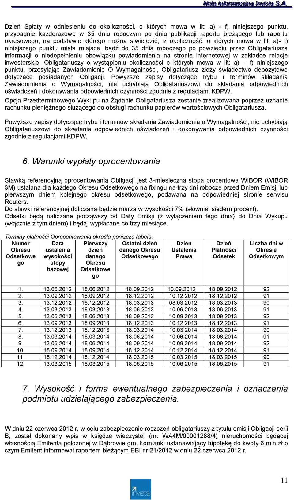 niedopełnieniu obowiązku powiadomienia na stronie internetowej w zakładce relacje inwestorskie, Obligatariuszy o wystąpieniu okoliczności o których mowa w lit: a) f) niniejszego punktu, przesyłając