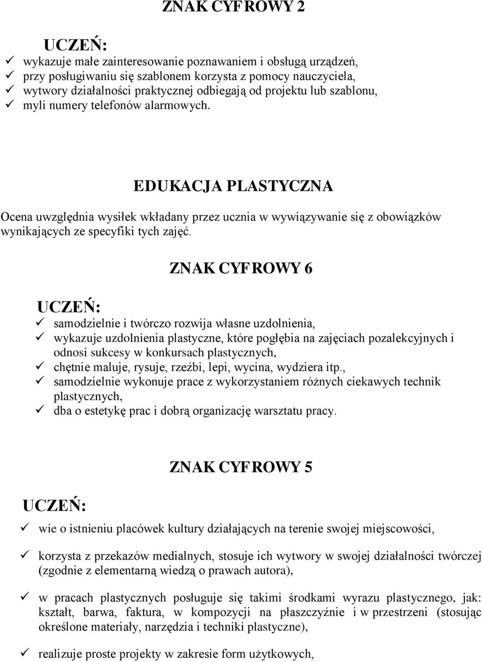 ZNAK CYFROWY 6 samodzielnie i twórczo rozwija własne uzdolnienia, wykazuje uzdolnienia plastyczne, które pogłębia na zajęciach pozalekcyjnych i odnosi sukcesy w konkursach plastycznych, chętnie