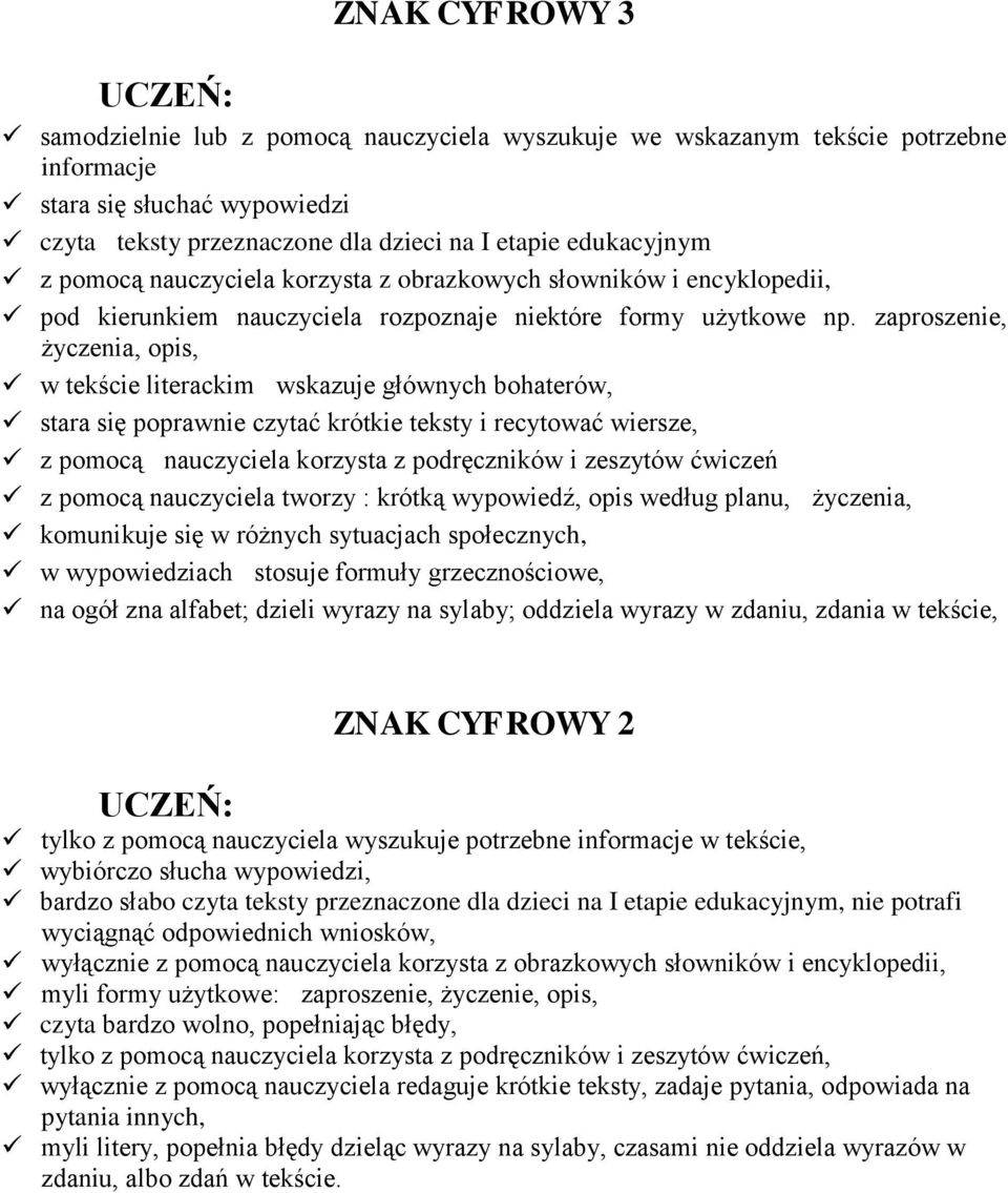 zaproszenie, życzenia, opis, w tekście literackim wskazuje głównych bohaterów, stara się poprawnie czytać krótkie teksty i recytować wiersze, z pomocą nauczyciela korzysta z podręczników i zeszytów