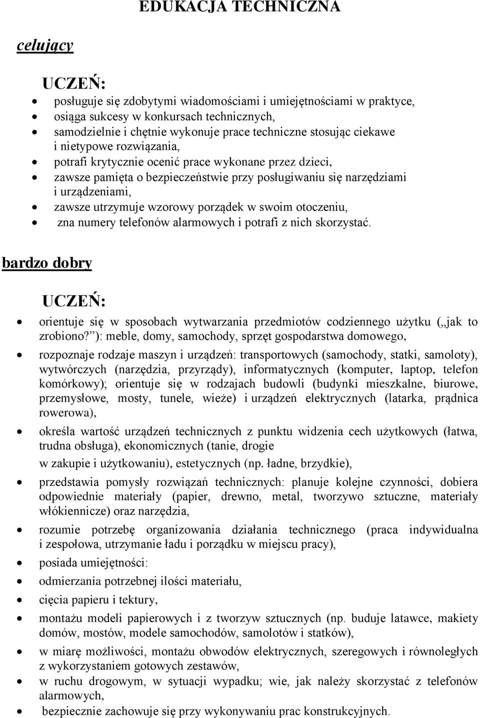 porządek w swoim otoczeniu, zna numery telefonów alarmowych i potrafi z nich skorzystać. bardzo dobry orientuje się w sposobach wytwarzania przedmiotów codziennego użytku ( jak to zrobiono?