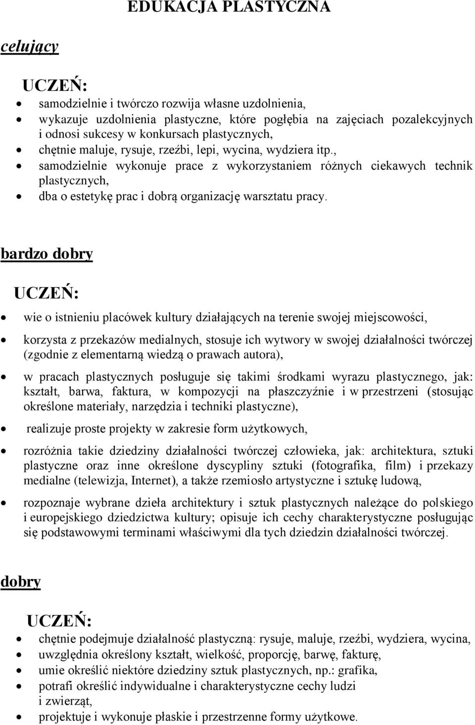 , samodzielnie wykonuje prace z wykorzystaniem różnych ciekawych technik plastycznych, dba o estetykę prac i dobrą organizację warsztatu pracy.