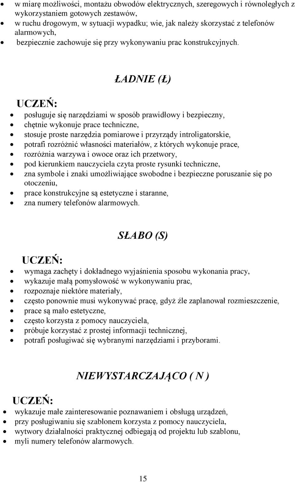 ŁADNIE (Ł) posługuje się narzędziami w sposób prawidłowy i bezpieczny, chętnie wykonuje prace techniczne, stosuje proste narzędzia pomiarowe i przyrządy introligatorskie, potrafi rozróżnić własności