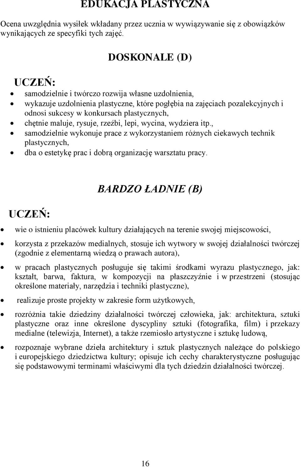 maluje, rysuje, rzeźbi, lepi, wycina, wydziera itp., samodzielnie wykonuje prace z wykorzystaniem różnych ciekawych technik plastycznych, dba o estetykę prac i dobrą organizację warsztatu pracy.