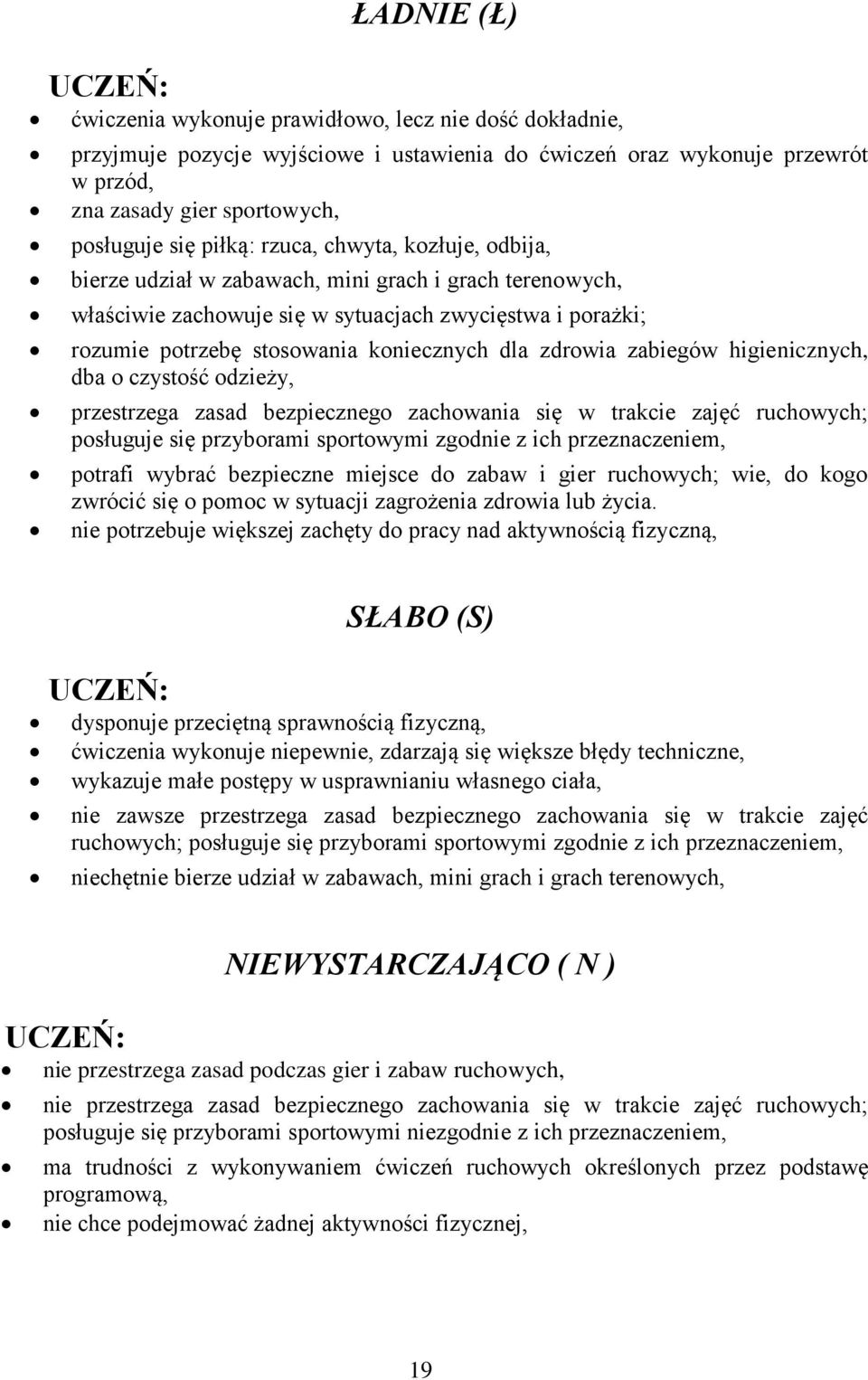 zabiegów higienicznych, dba o czystość odzieży, przestrzega zasad bezpiecznego zachowania się w trakcie zajęć ruchowych; posługuje się przyborami sportowymi zgodnie z ich przeznaczeniem, potrafi