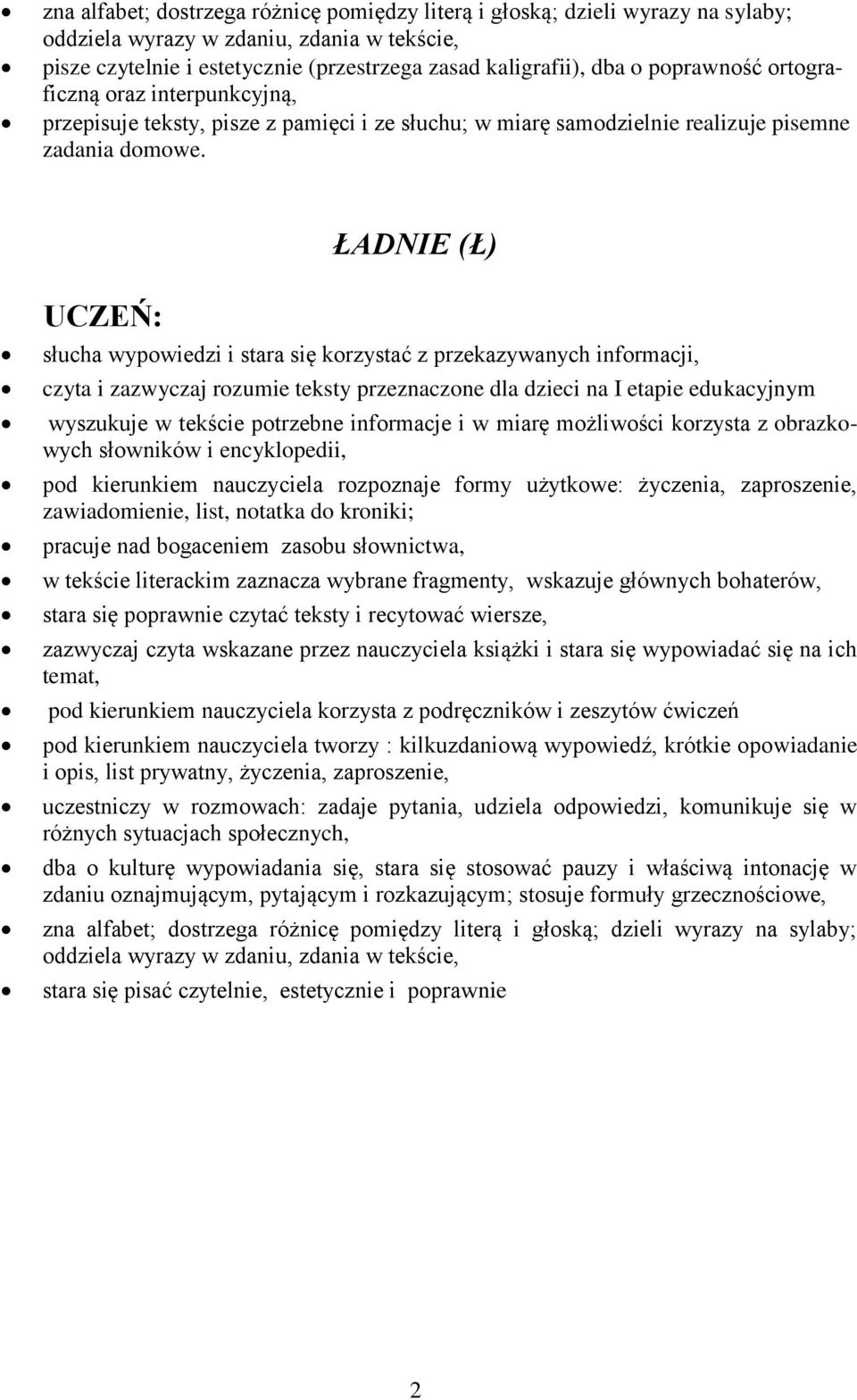 ŁADNIE (Ł) słucha wypowiedzi i stara się korzystać z przekazywanych informacji, czyta i zazwyczaj rozumie teksty przeznaczone dla dzieci na I etapie edukacyjnym wyszukuje w tekście potrzebne